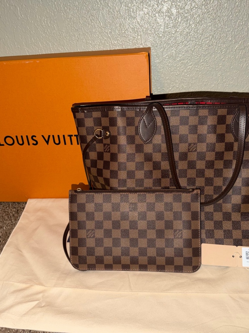 Louis Vuitton Neverfull MM Damier Ebene Tote Red Lining w/ Pouch, Dust Bag & Box